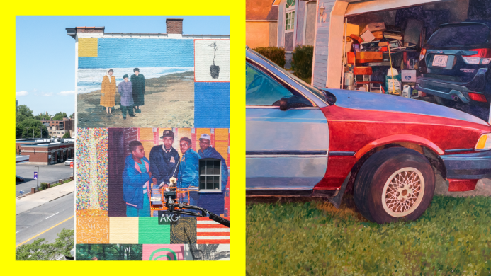 Left image is a collage of diverse scenes including a mural of three people by the sea, a colorful quilt with a picture of four individuals. Right image a painting of an outdoor view featuring a red and blue car parked on grass beside a garage full of items.