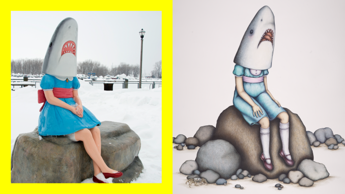 Left image is a sculpture of a girl's body in a blue dress with a shark head. Right image is a sketch of the sculpture. 