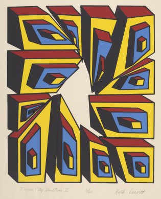 Op art print in shades of yellow, red, and blue