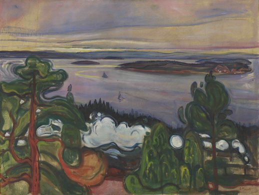 Painting of a winter landscape of a forest and body of water