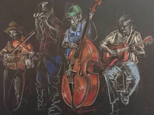 Illustration of people performing with a standing bass and guitars