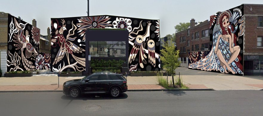Digital mock up of a mural that wraps around several buildings