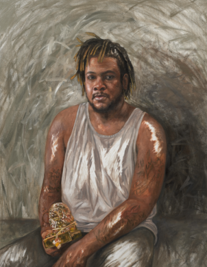 A painting of a person looking at the viewer with a gold lion statue in hand
