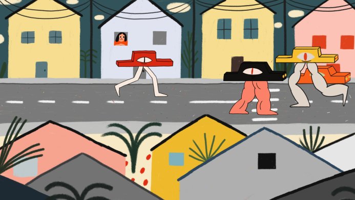 Image from an animation of houses and a street with people walking down from left to right