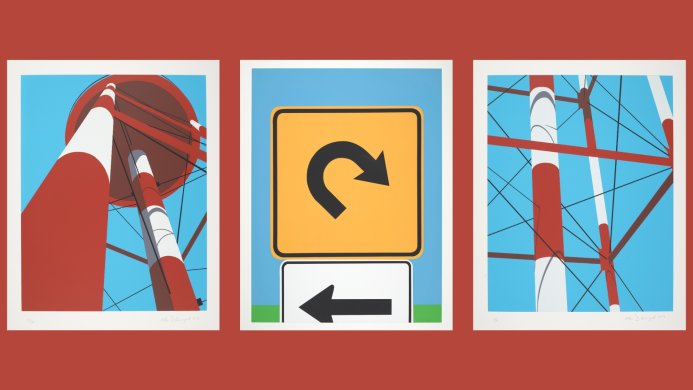 Three illustrations depicting aspects of a red and white water tower and street signs