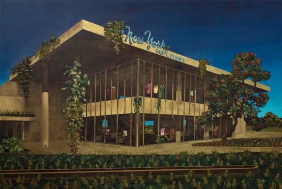 Painting of a modern building labeled 'New York Dept. Stores' surrounded by lush greenery and flowering trees, with people visible through large windows.