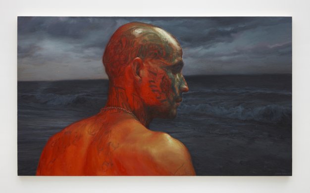 Painting of a tattooed person looking at a body of water