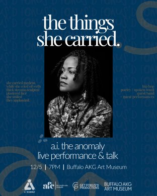 Promotional image with a black and white headshot of a person and text reading "the things she carried. a.i. the anomaly live performance & talk" 
