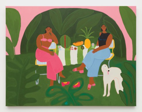Painting of two people and a dog gathered for a vibrant picnic