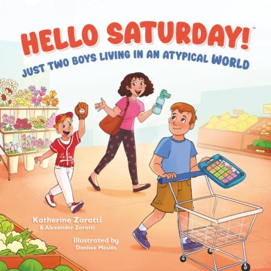Book cover featuring the words Hello Saturday! in red type and images of three people 