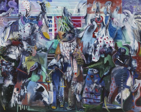 Vibrant abstract work in shades of blue, purple, and pink