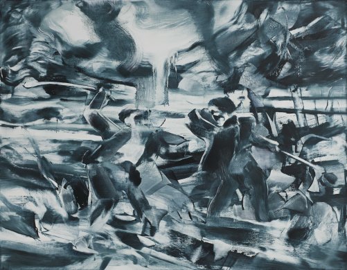 Abstract work in shades of grey, blue, and black