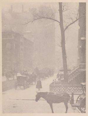 Alfred Stieglitz (American, 1864–1946). The Street, Fifth Avenue, 1896. Photogravure, 26 x 19 1/2 inches (66 x 49.5 cm). Collection Albright-Knox Art Gallery; General Fund, 1911. International Exhibition of Pictorial Photography catalogue number 427.