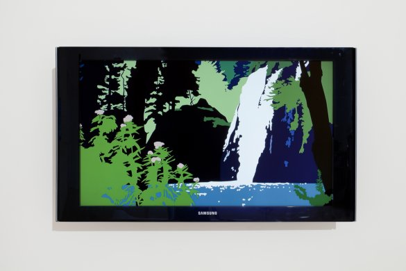 A screen with an illustration of a waterfall on it