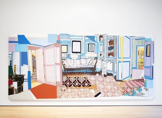 Image of a large, colorful artwork showing images of the interior of a room