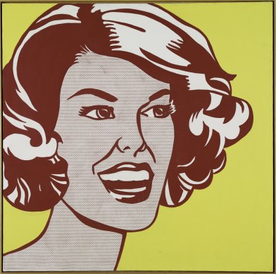 A painting of a woman's head in red and yellow