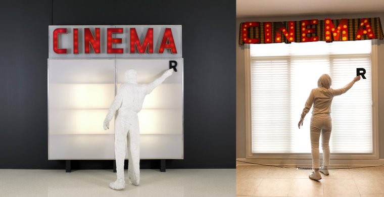 A person dressed all in white placing a black letter R on a lit sign, with the word "CINEMA" in red letters above it