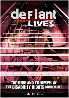 Film poster for "Defiant Lives" featuring images of people on the side of a staircase leading up