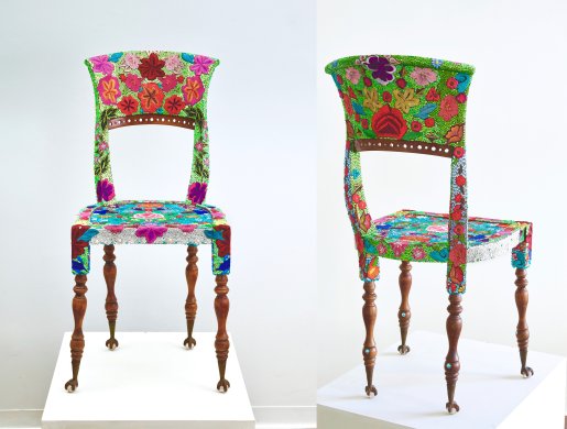 Two views of a chair decorated with jewels