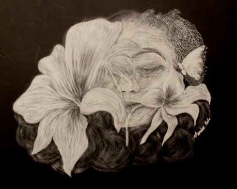 Drawing a girl with flowers in front of her face