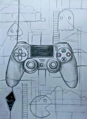A drawing of a video game controller