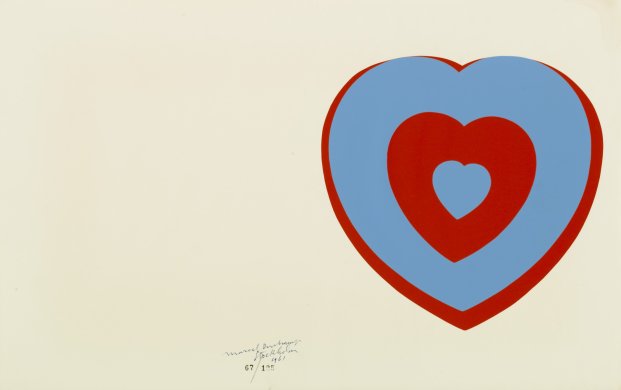 A red and blue heart on a cream paper background