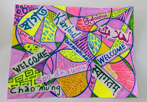 A colorful drawing with shapes and words in different languages