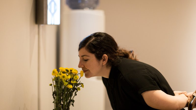 Visitor with artwork