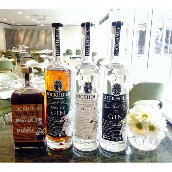 Bottles from Lockhouse Distillery on the bar in AK Cafe