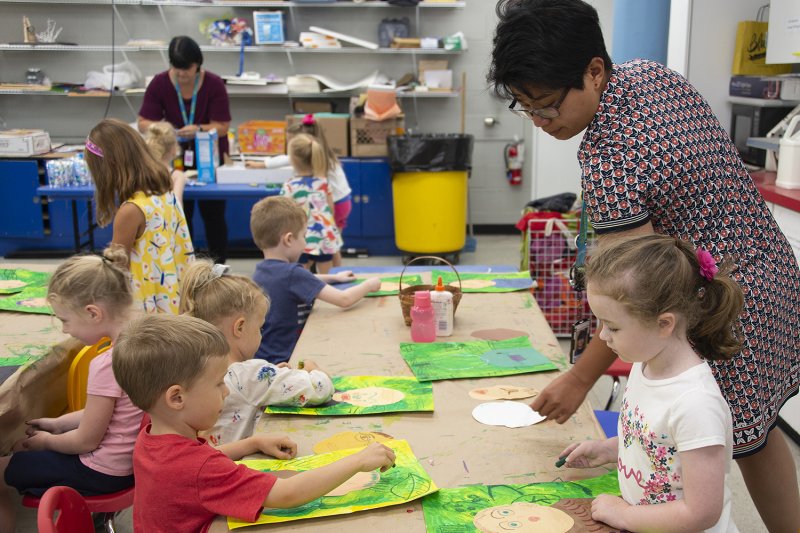 A teacher leading a group of kids in making self portraits in a classroom