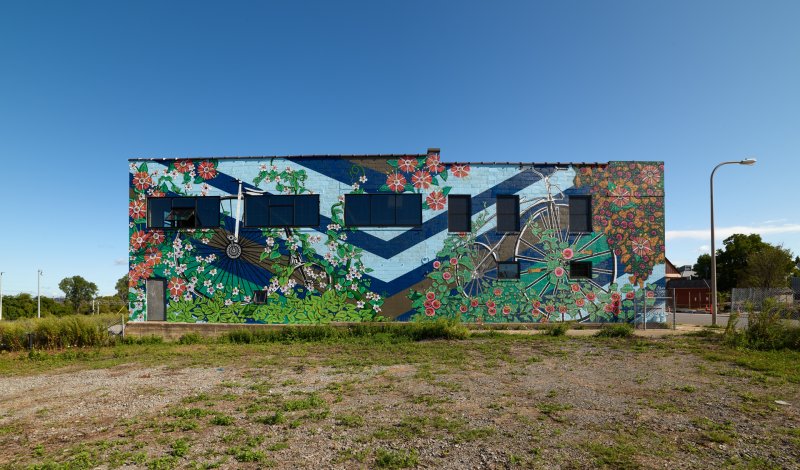A large exterior wall with a colorful mural of 1800s-era bikes with vines and flowers around them