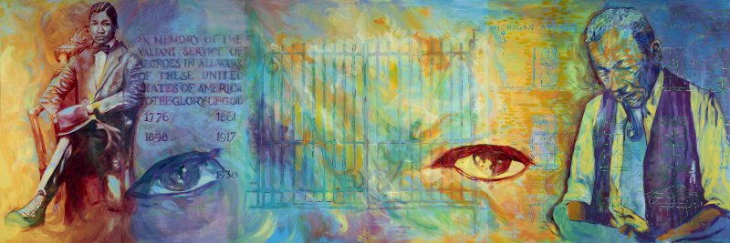 A colorful mural showing African American men on either side and a close up of eyes in the middle