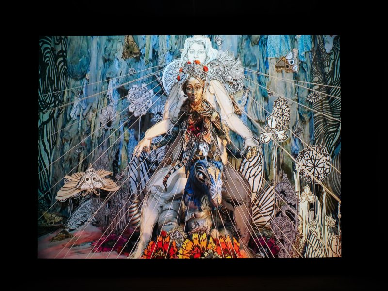 A photograph of a video screen showing a stop-motion animation. The frame in this photograph shows a seated figure with an animal between its legs and drawings of insects surrounding it.