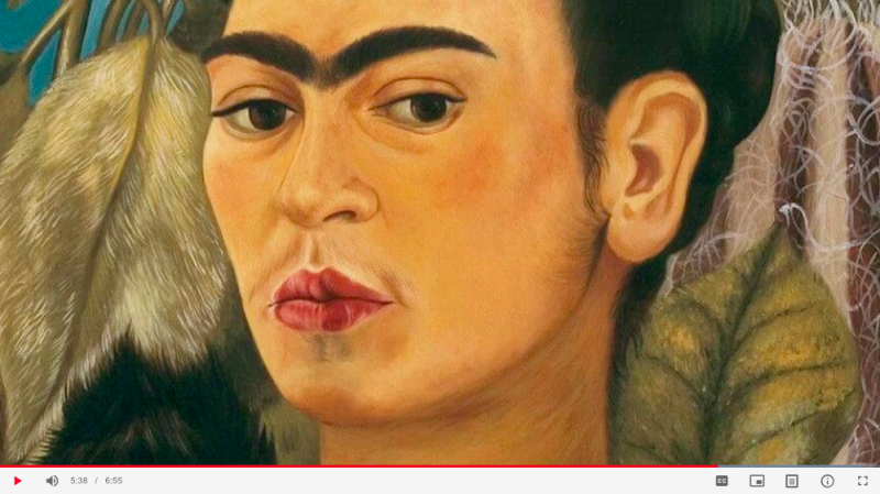 Screen shot of a video about Frida Kahlo’s "Self-Portrait with Monkey"