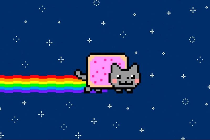 A computer illustration of a cat in a pink box with a rainbow trail behind it, against a dark blue background with white stars