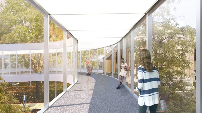 A rendering of people on a glass bridge winding through a grove of trees