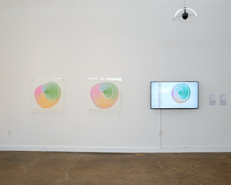 On the left, two works on paper that look like a bird's eye view of a colorful tree. On the right, a screen with a list of country names and another bird's eye view of a circle that looks like a bird's eye view of a colorful tree.