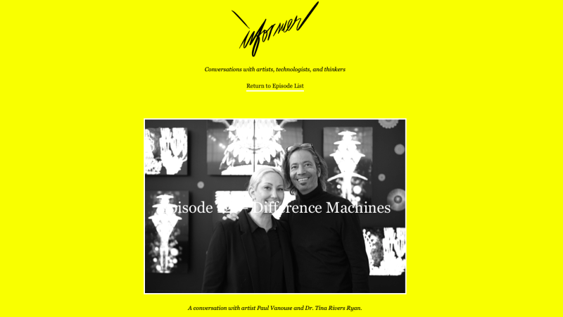 Screenshot of Informer podcast webpage feature photo of Tina Rivers Ryan and Paul Vanouse on yellow background