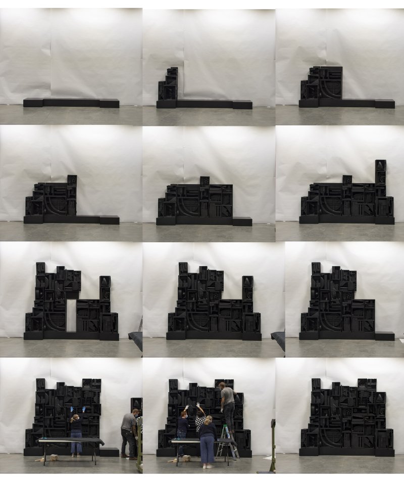 Composite of still images documenting the installation process of Louise Nevelson’s Sky Cathedral