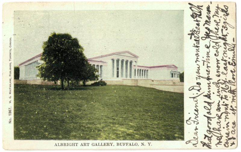 A postcard showing the museum's white columned building on top of a green hill
