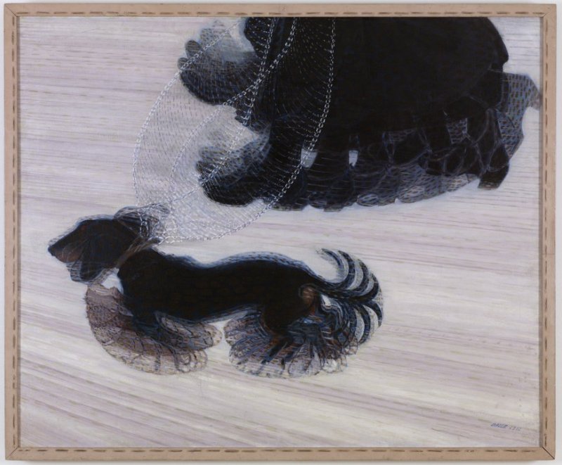Painting of a black dachshund walking on a leash next to its owners feet