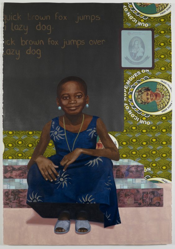 Painting of a young African American girl in a blue dress and wearing blue earrings, blue sandals, and a gold necklace sits on steps in front of green wallpaper and a chalkboard 