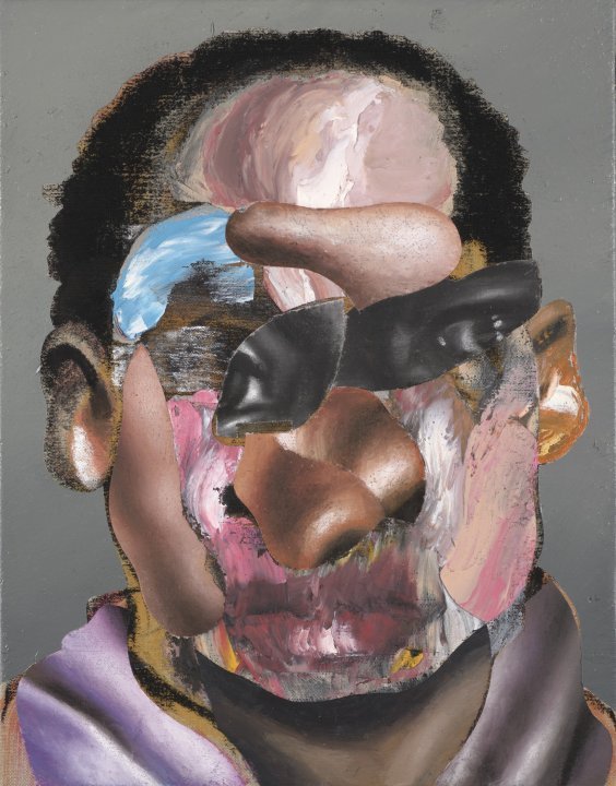 Pastel and gouache portrait of an african american man where his facial features are rearranged in a collage style. 