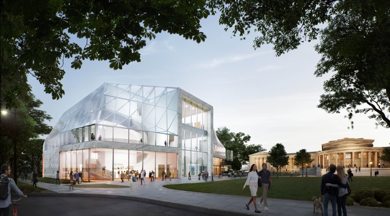 Rendering of a large glass building next to an older stone museum building and a great lawn at night