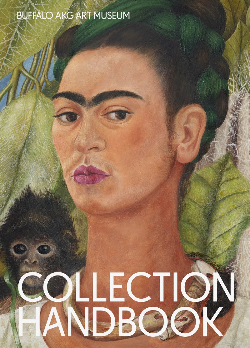 Cover of the AKG handbook which is a painting of Frida Kahlo with a monkey on her shoulder and leaves behind her and the title "Collection Handbook" in white text 