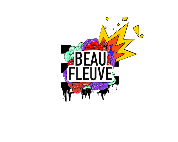 Beau Fleuve logo that has cartoon rainbow flowers and a explosion behind the text 