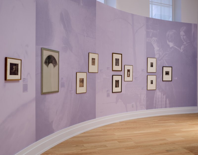 Curved gallery wall with framed photographs and a purple vinyl wallpaper of old photographs