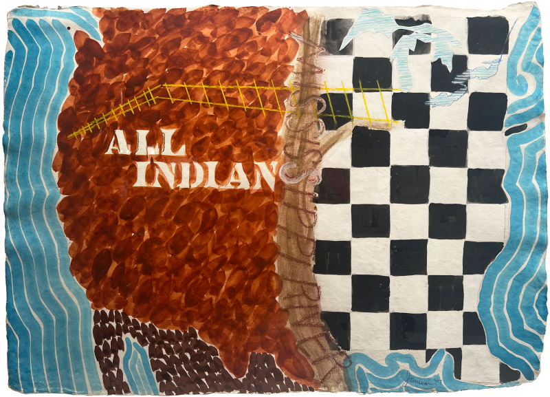 Artwork of a map of the united states where the west coast is brown with text saying "All Indian" and the east coast be checker print. 