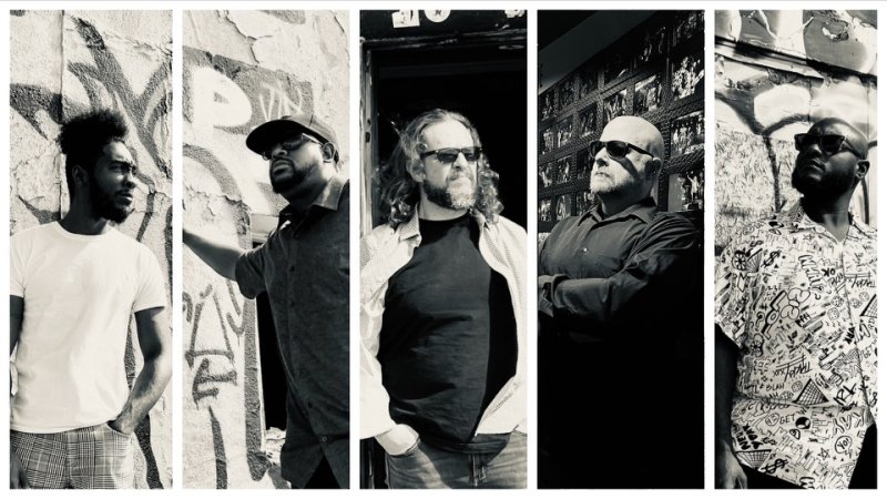 Black and white grid of five men posing/ looking away from the camera