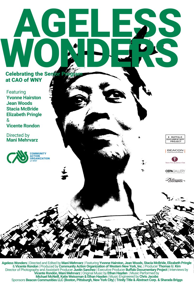Film poster of an illustration of an older African American woman with "Ageless Wonders" in green font